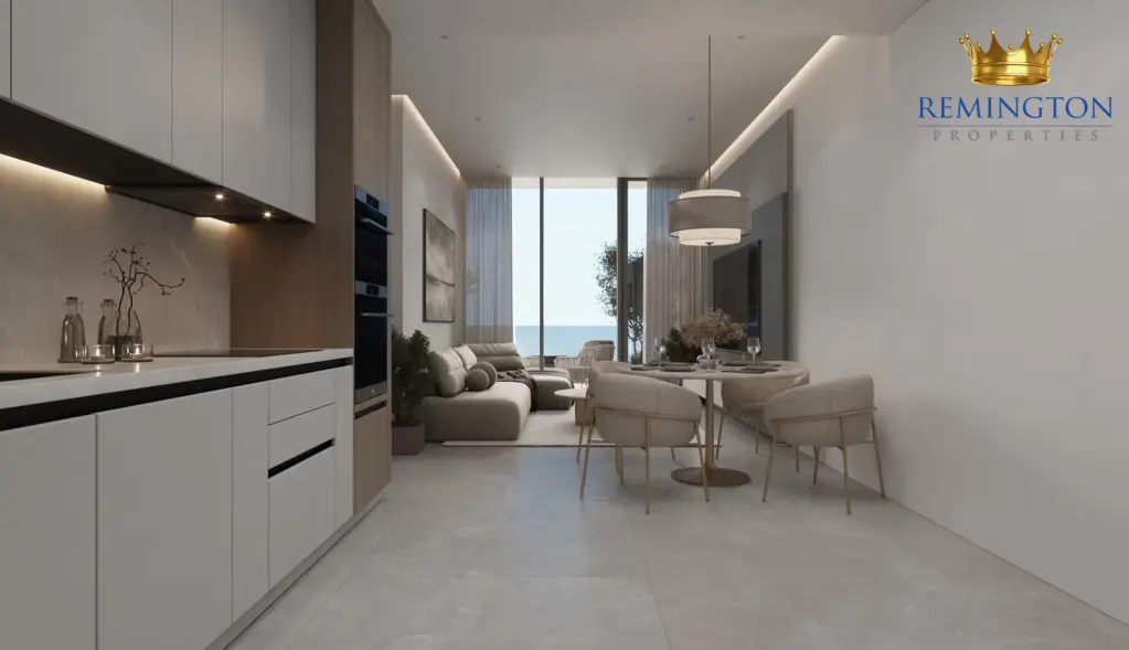 Living and dining area with broad windows in a three-bedroom residence