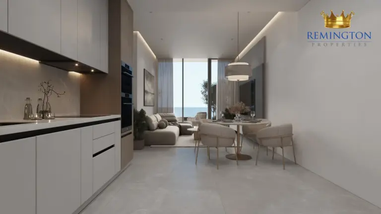 Living and dining area with broad windows in a three-bedroom residence