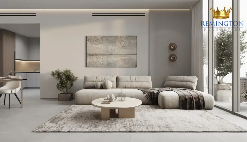 Living room and dining table in a bright two-bedroom residence
