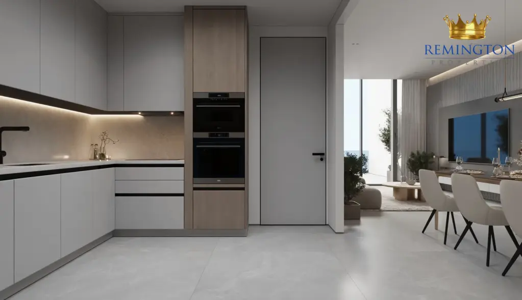 Open kitchen with dining table and wide balcony glazing