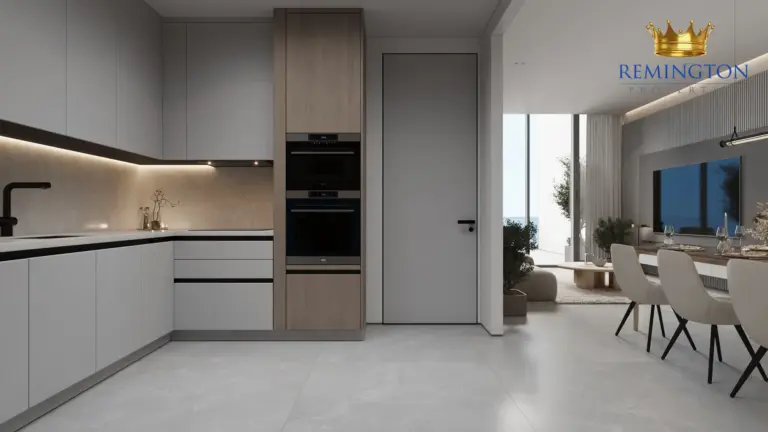 Open kitchen with dining table and wide balcony glazing