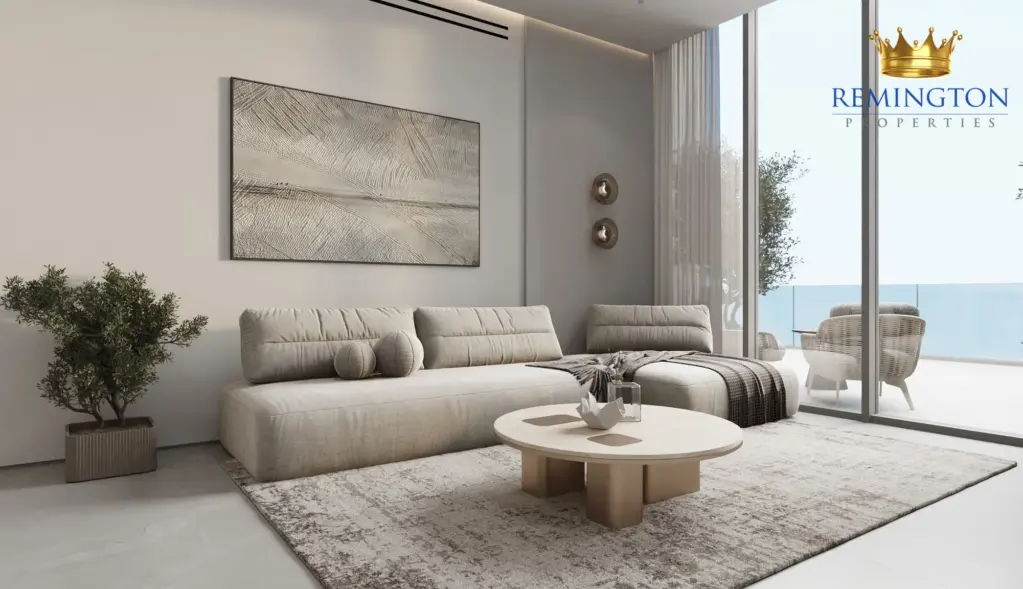 Lounge seating beside full-height windows in a two-bedroom home