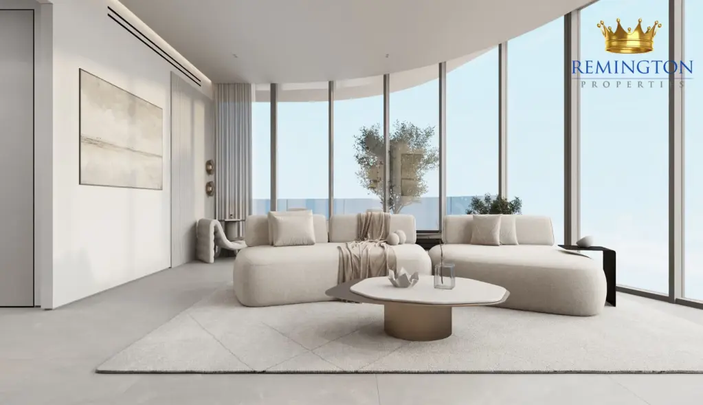 Living room and dining area in a three-bedroom residence