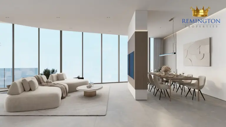 Lounge seating and dining table beside wide windows