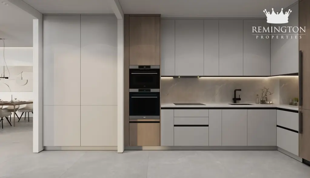 Open kitchen with an island and dining table