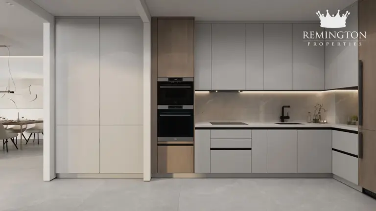 Open kitchen with an island and dining table