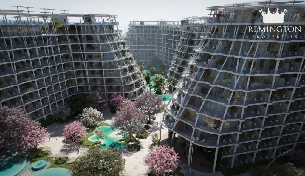 View across the landscaped courtyard between Sakura Gardens buildings
