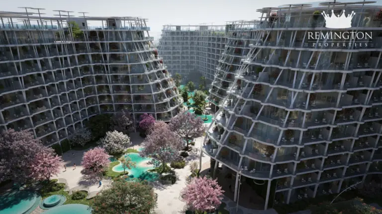 View across the landscaped courtyard between Sakura Gardens buildings