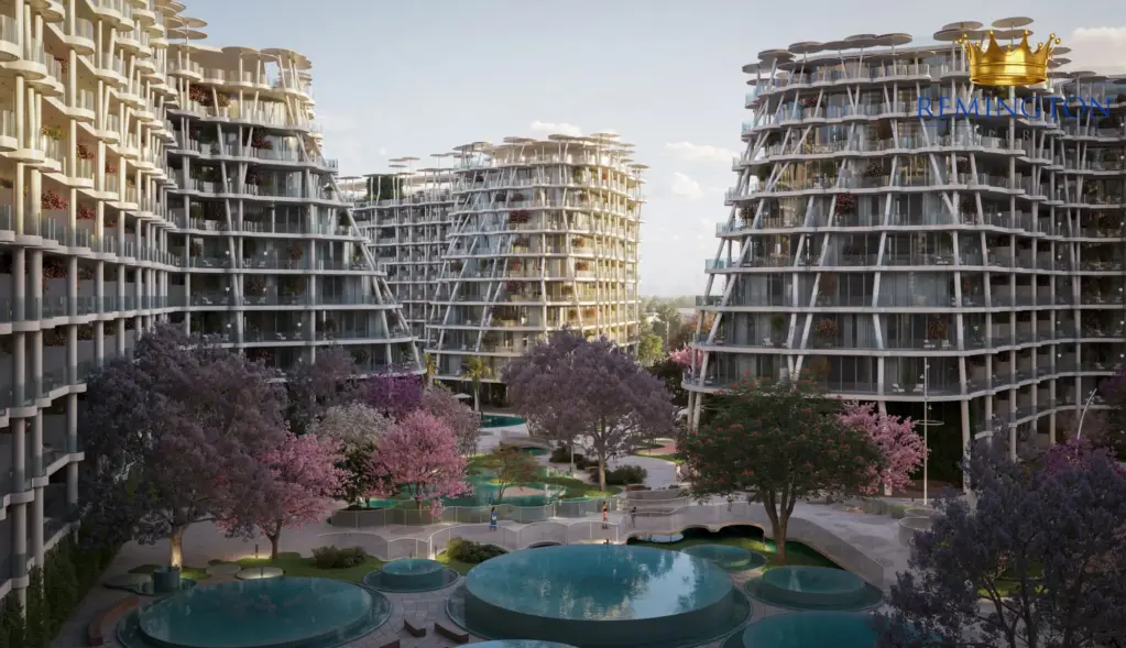 Lagoon-style pool framed by Sakura Gardens residential buildings