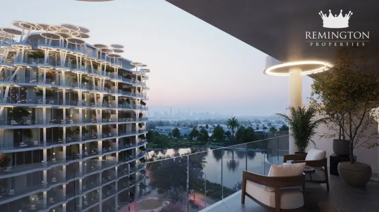 Balcony terrace looking across the lagoon and landscaped shoreline