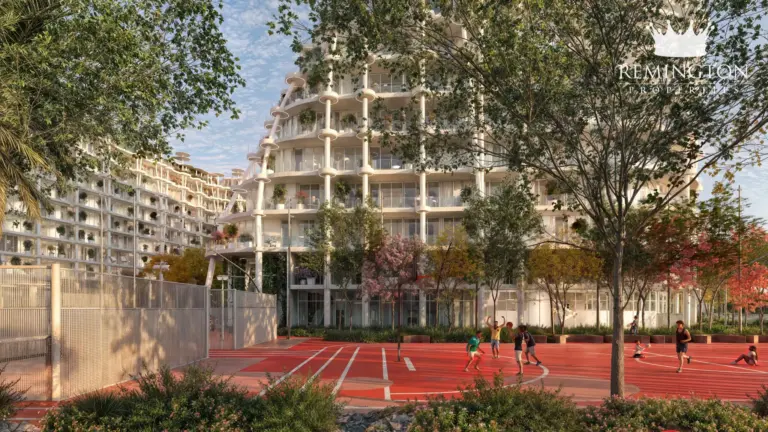 Outdoor basketball court beside the landscaped residential buildings