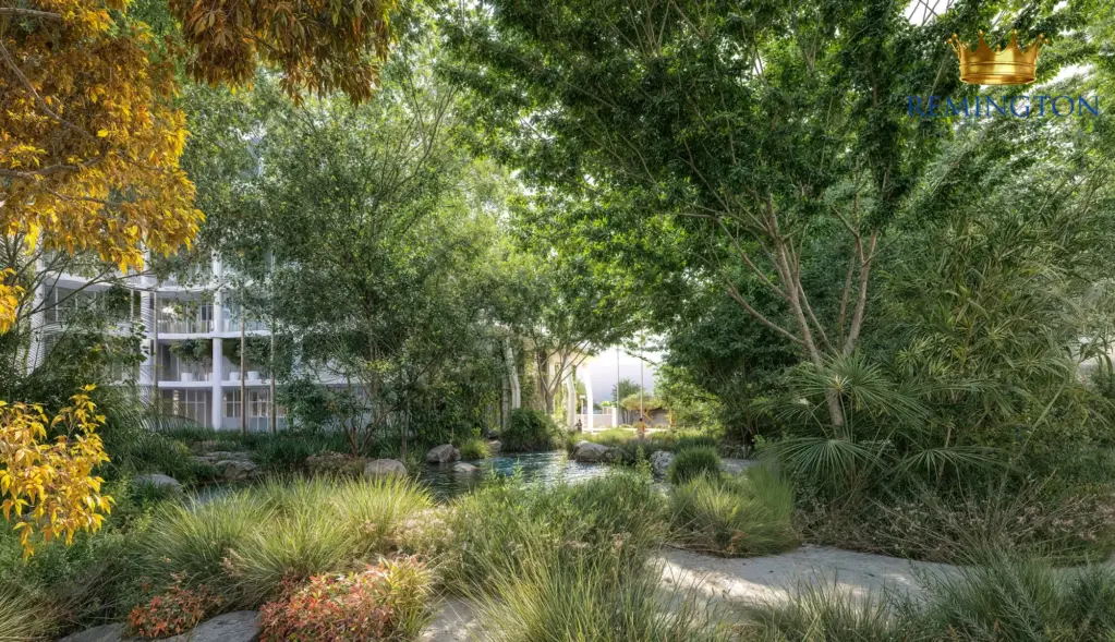 Quiet garden path shaded by mature trees at Sakura Gardens