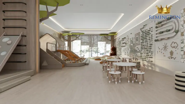 Children’s activity room with a craft table and open play area