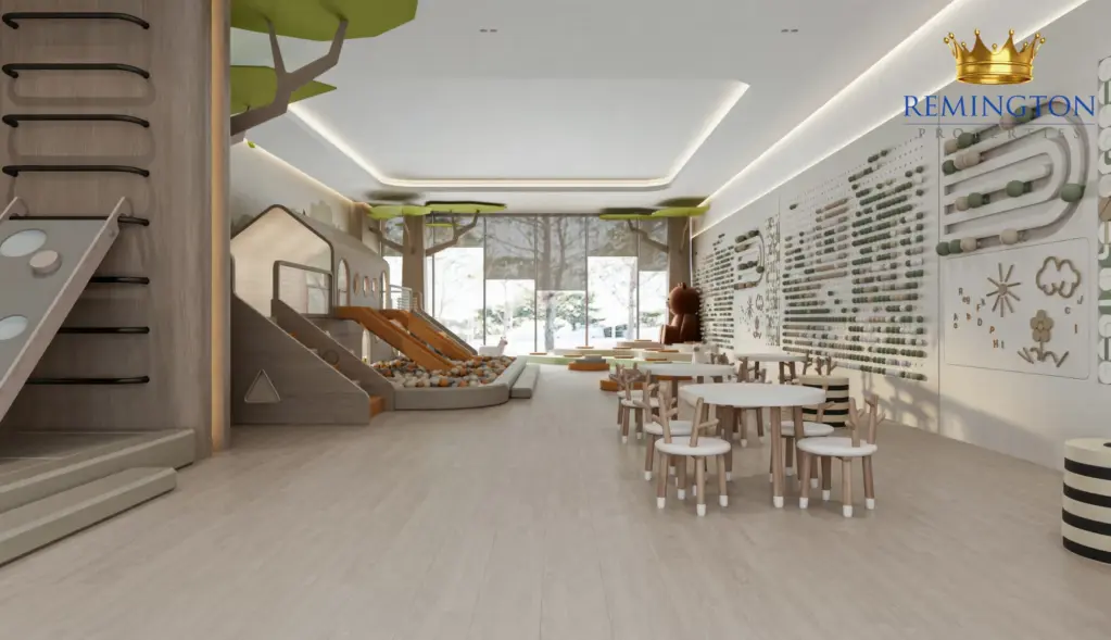 اتاق فعالیت کودکان با میز کاردستی و فضای بازی باز