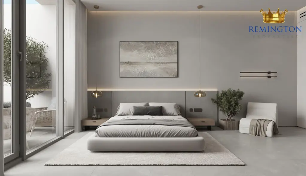 Studio sleeping area with a king bed and full-height glazing
