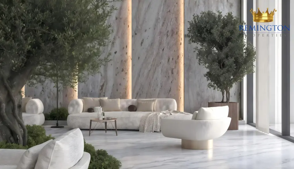 Lobby seating area with curved furniture and garden-facing windows