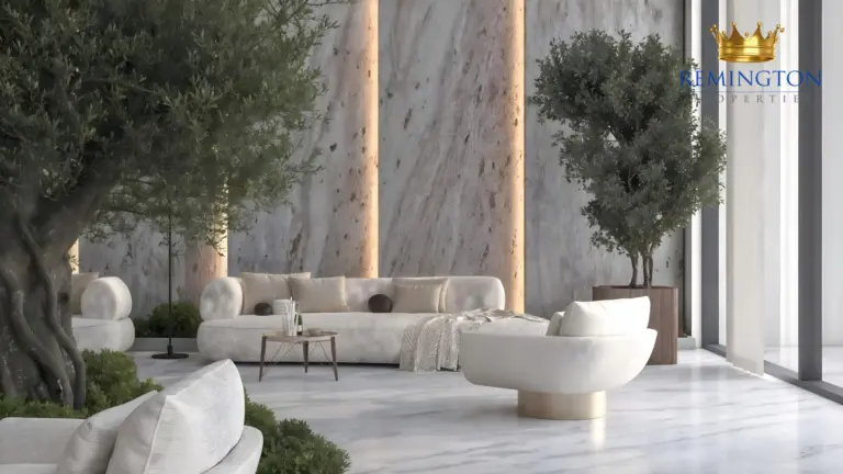 Lobby seating area with curved furniture and garden-facing windows