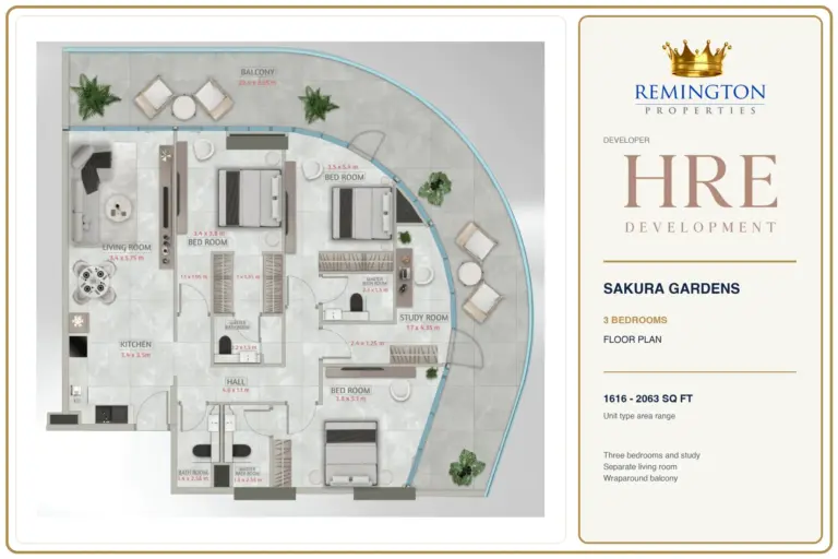Sakura Gardens 3 Bedrooms Floor Plan with room dimensions, kitchen and balcony; area range 1616 to 2063 sq ft