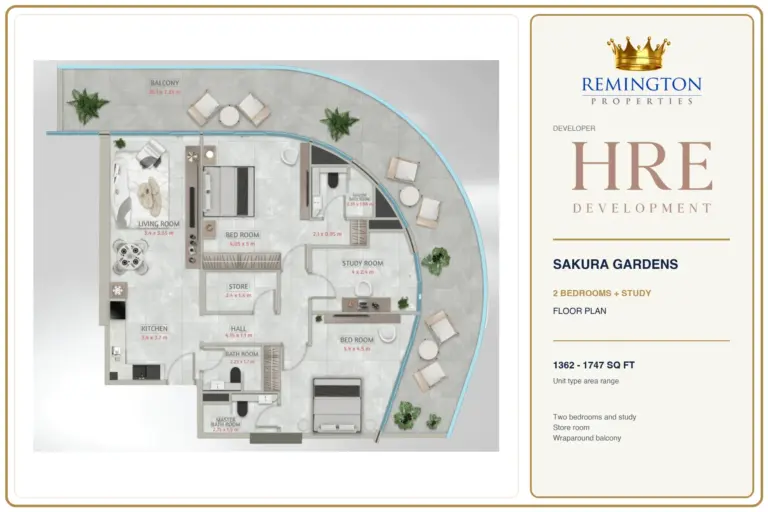 Sakura Gardens 2 Bedrooms + Study Floor Plan with room dimensions, kitchen and balcony; area range 1362 to 1747 sq ft