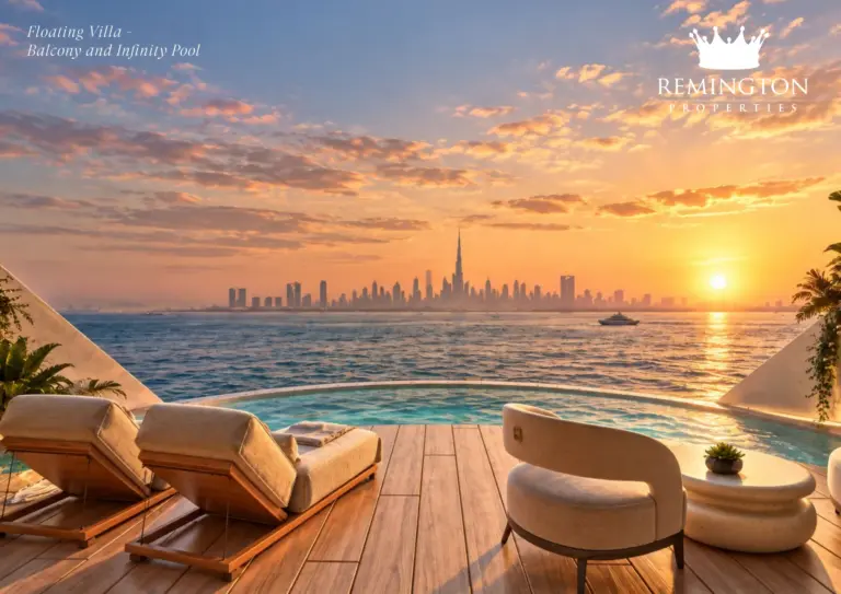 Floating villa balcony and infinity pool at Samana Collecta