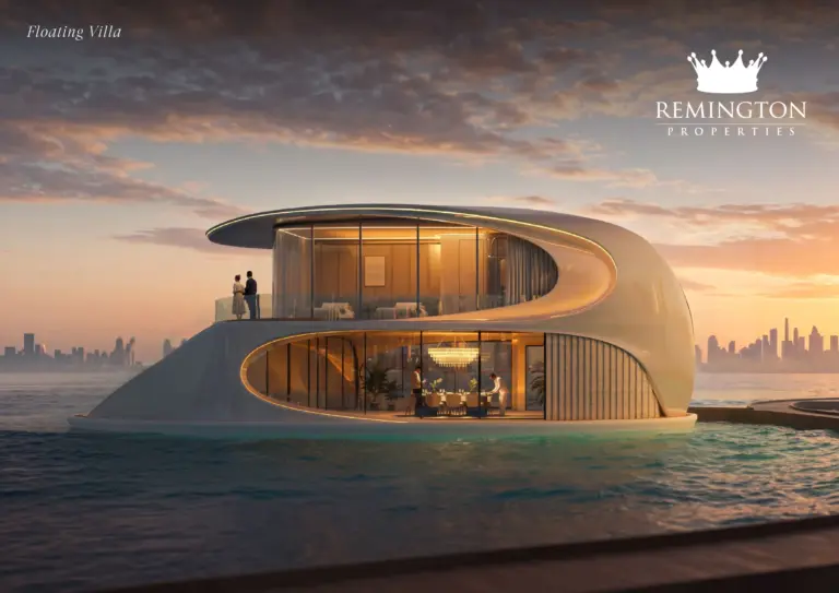 Floating villa exterior at sunset at Samana Collecta
