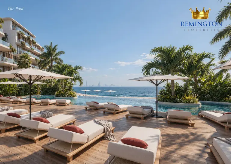 Poolside sunloungers and sea view at Samana Collecta