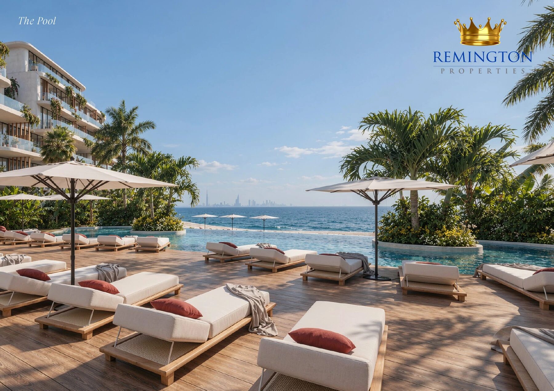 Poolside sunloungers and sea view at Samana Collecta