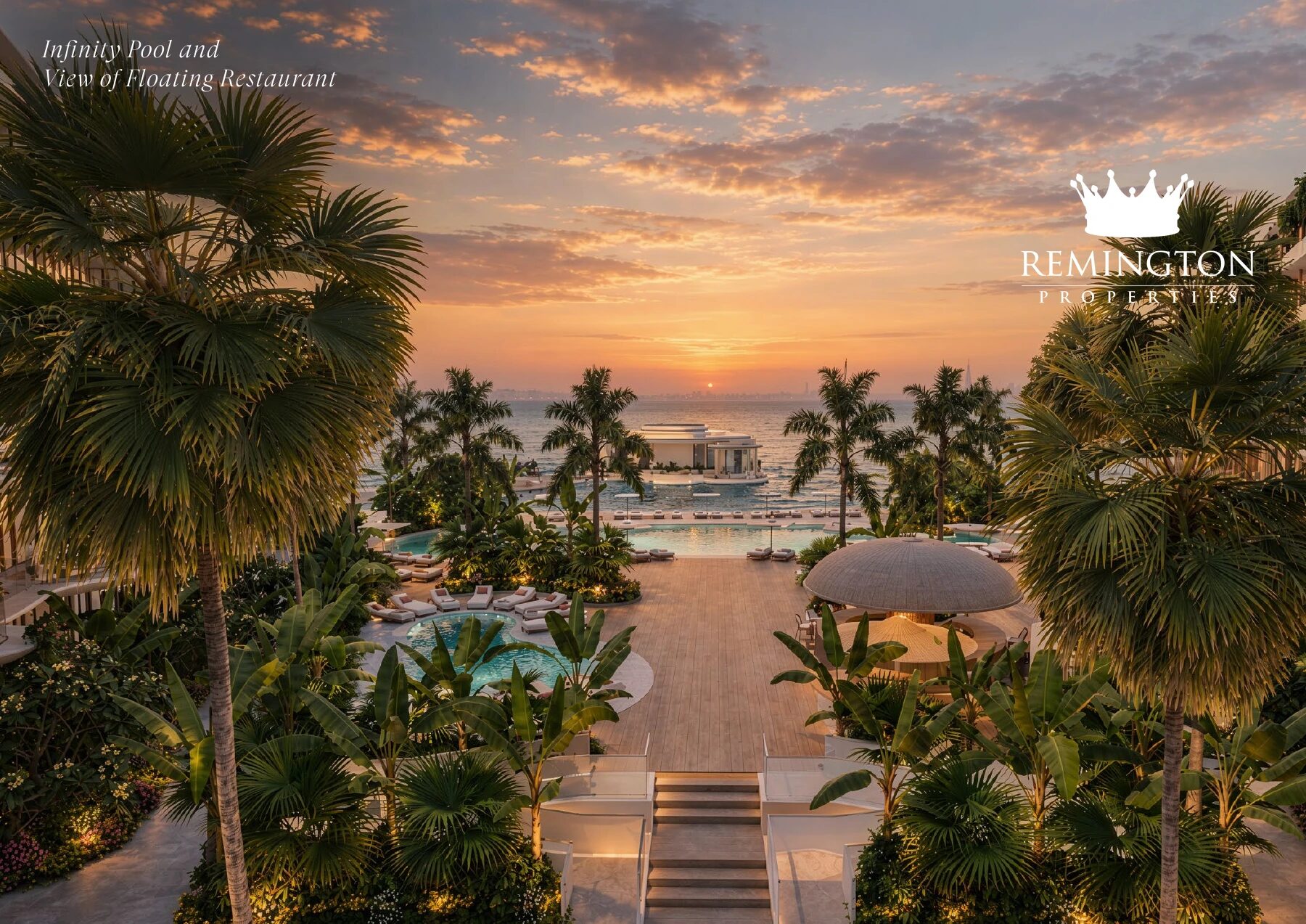 Sunset infinity pool and floating restaurant at Samana Collecta