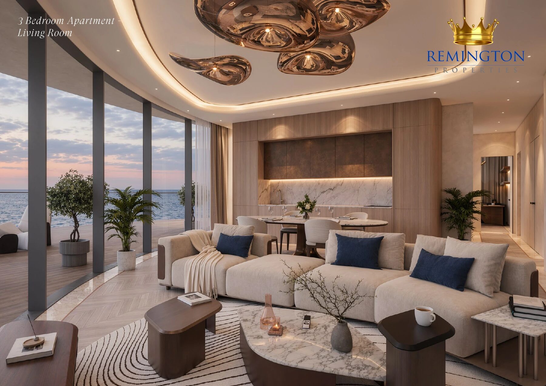 Three-bedroom apartment living room at Samana Collecta