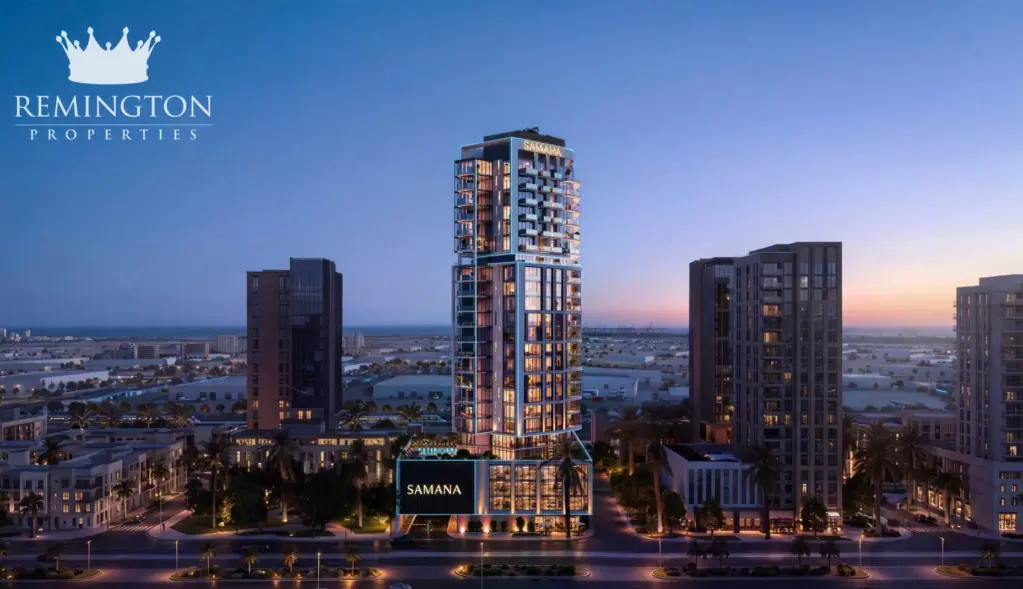 Twilight exterior rendering of the illuminated SAMANA Downtown One tower.