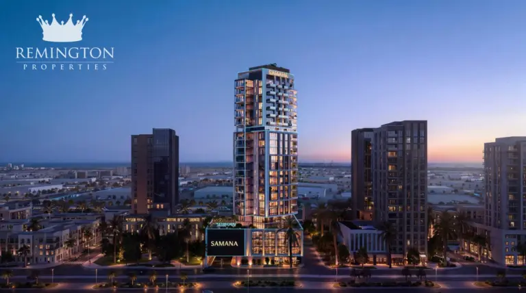 Twilight exterior rendering of the illuminated SAMANA Downtown One tower.