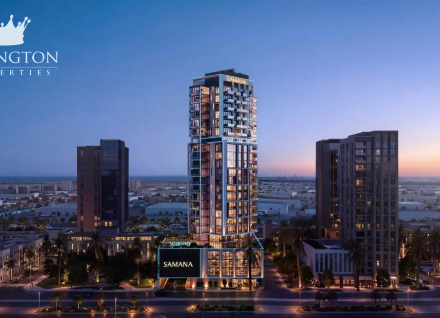 Twilight exterior rendering of the illuminated SAMANA Downtown One tower.
