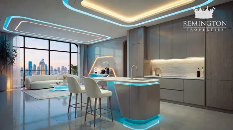 Kitchen and living interior in a SAMANA Downtown One apartment.
