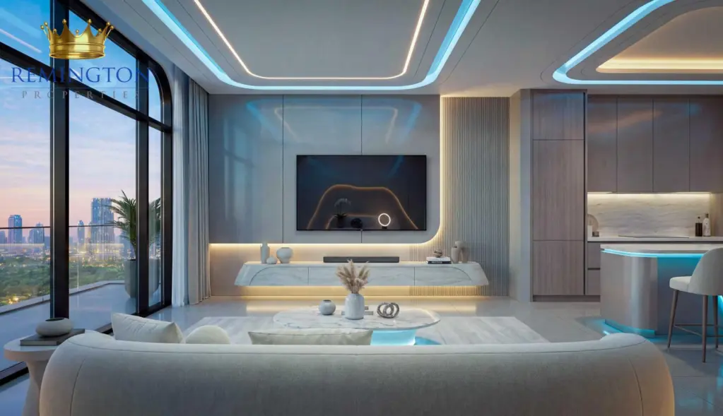 Living room interior with city-facing window at SAMANA Downtown One.