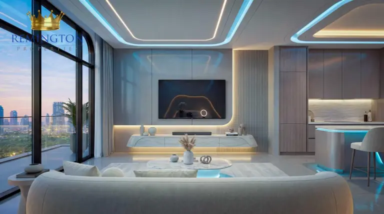 Living room interior with city-facing window at SAMANA Downtown One.