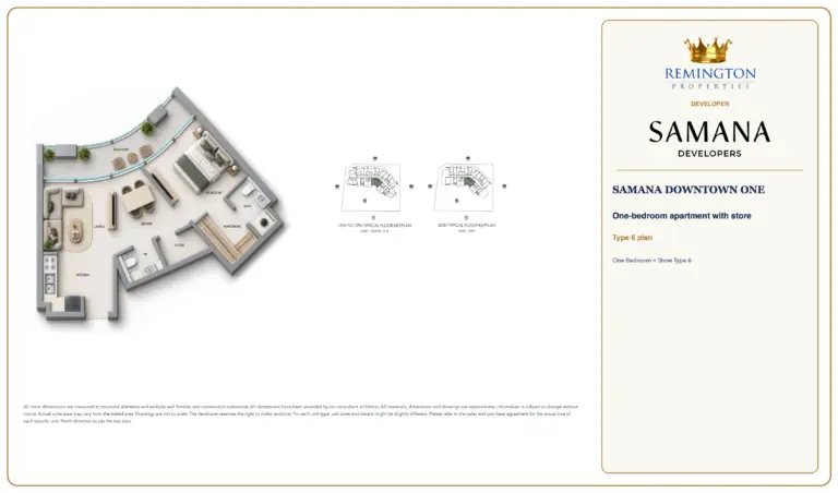 One Bedroom + Store Type 6 at SAMANA Downtown One, showing the apartment layout, floor key plans and north direction.