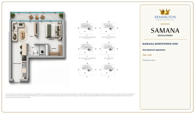 One Bedroom Type 1 at SAMANA Downtown One, showing the apartment layout, floor key plans and north direction.