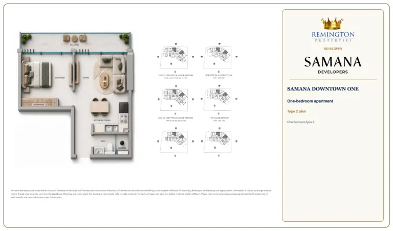 One Bedroom Type 2 at SAMANA Downtown One, showing the apartment layout, floor key plans and north direction.