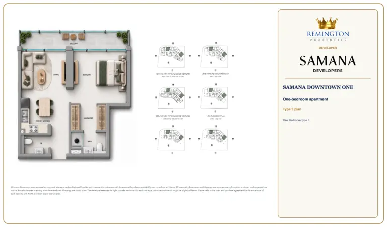 One Bedroom Type 3 at SAMANA Downtown One, showing the apartment layout, floor key plans and north direction.