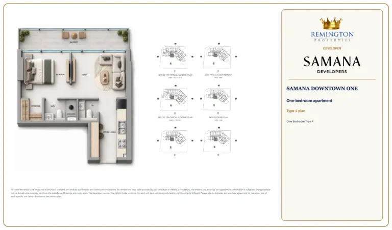 One Bedroom Type 4 at SAMANA Downtown One, showing the apartment layout, floor key plans and north direction.
