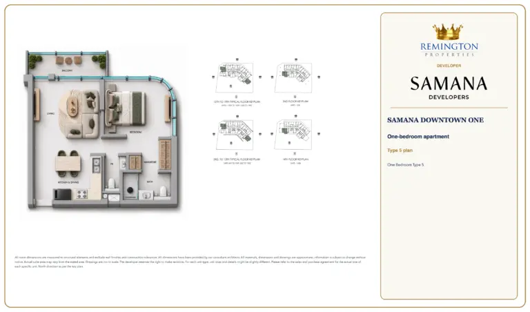 One Bedroom Type 5 at SAMANA Downtown One, showing the apartment layout, floor key plans and north direction.