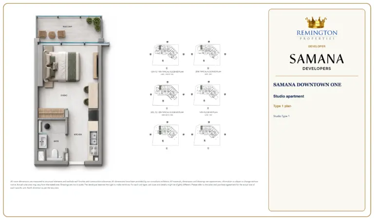 Studio Type 1 at SAMANA Downtown One, showing the apartment layout, floor key plans and north direction.