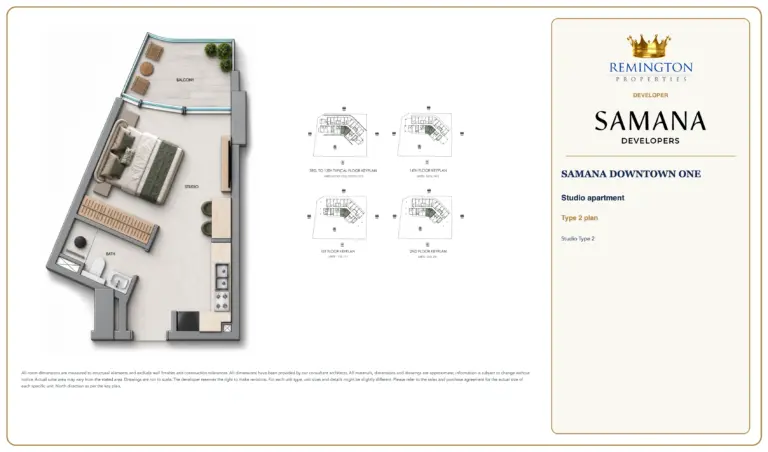 Studio Type 2 at SAMANA Downtown One, showing the apartment layout, floor key plans and north direction.