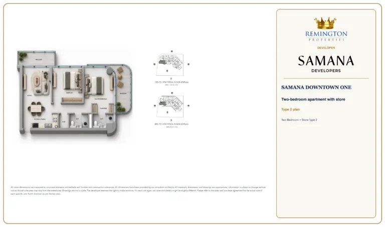 Two Bedroom + Store Type 2 at SAMANA Downtown One, showing the apartment layout, floor key plans and north direction.