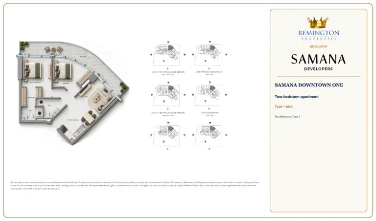 Two Bedroom Type 1 at SAMANA Downtown One, showing the apartment layout, floor key plans and north direction.