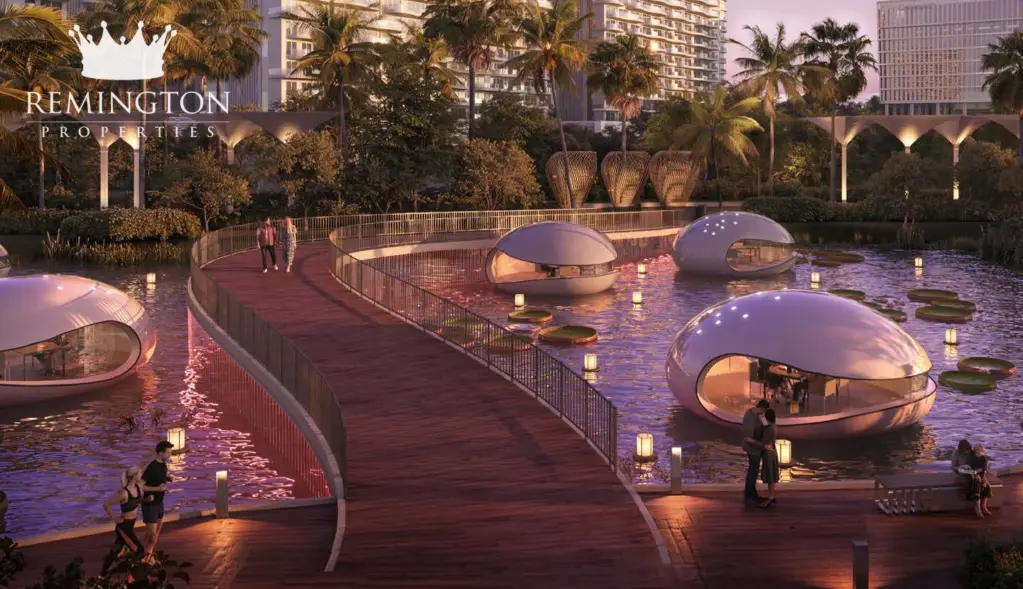 Sorrento Lagoon Views by DAMAC: Outdoor social lounge with curved seating pods