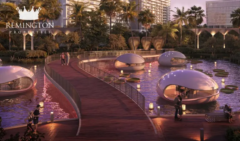 Sorrento Lagoon Views by DAMAC: Outdoor social lounge with curved seating pods