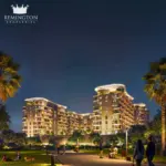 Sorrento Lagoon Views by DAMAC: Illuminated residences and landscaped walk at dusk