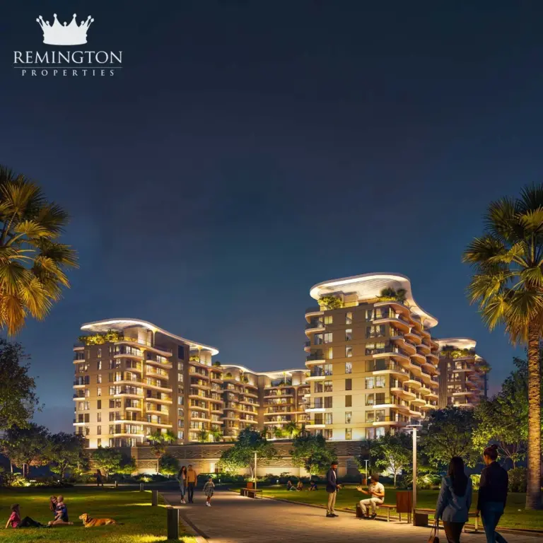 Sorrento Lagoon Views by DAMAC: Illuminated residences and landscaped walk at dusk