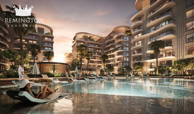 Sorrento Lagoon Views by DAMAC: Curved residences beside the water at dusk